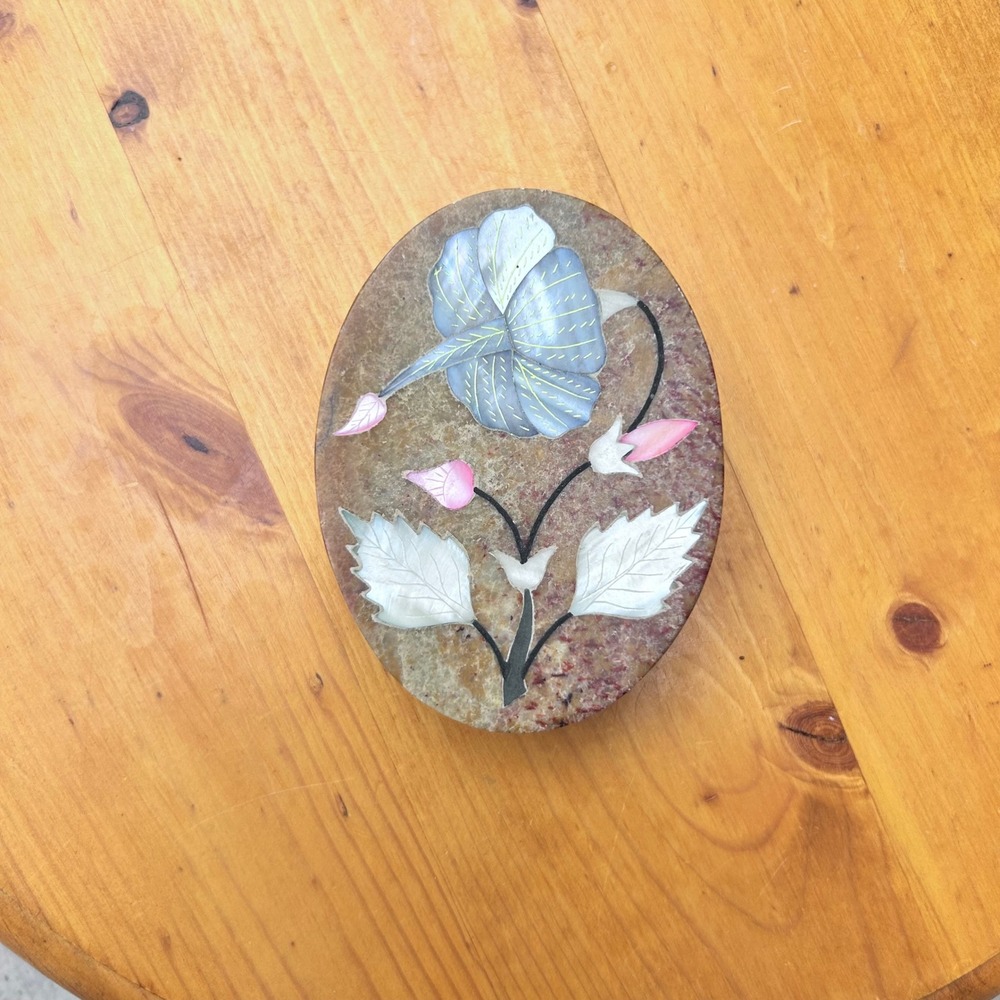 Vintage Pietra Dura Trinket Box 4 Inch Soapstone Floral Inlay Mother of Pearl
